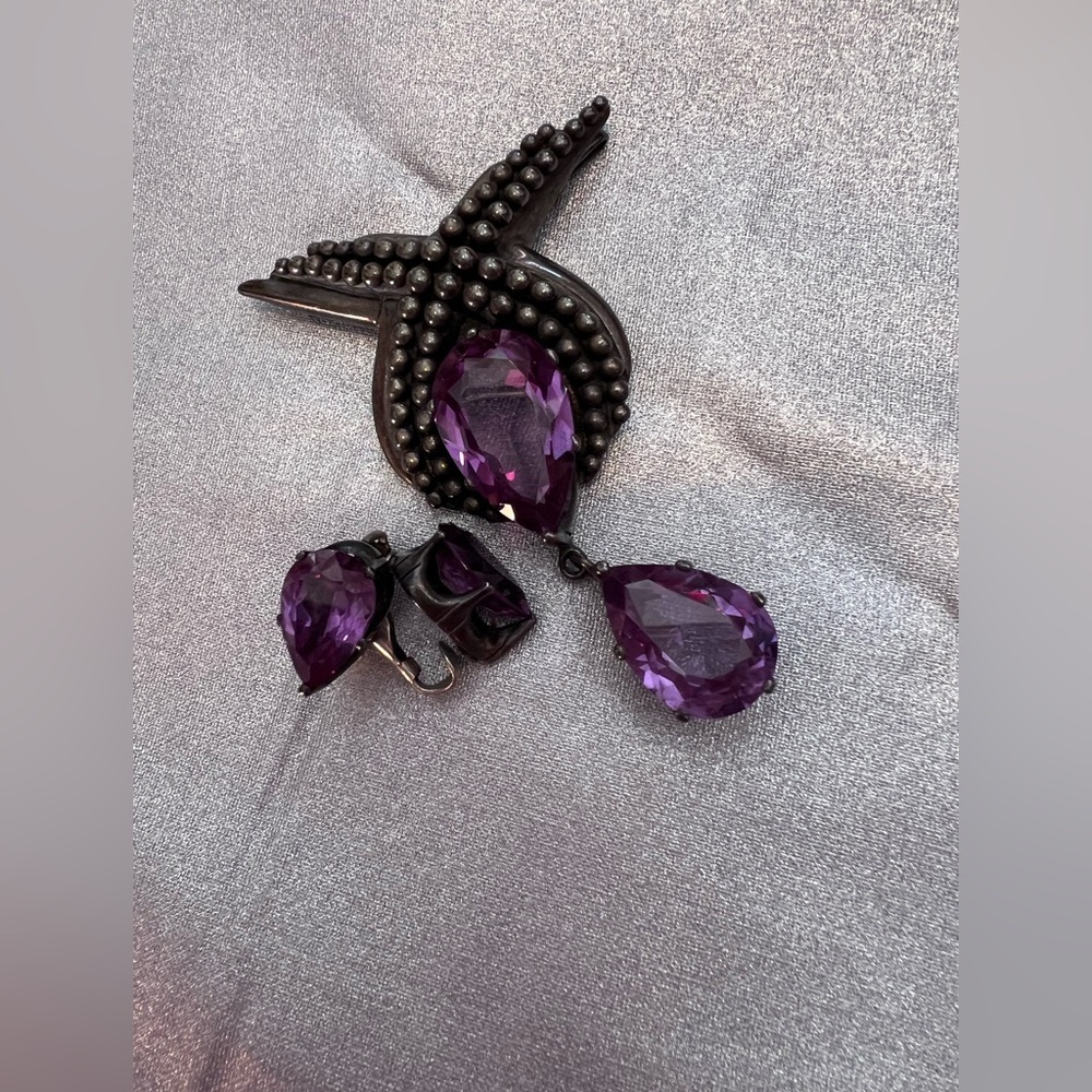 Margot De Taxco Amethyst Brooch and Silver Clip Earrings​​